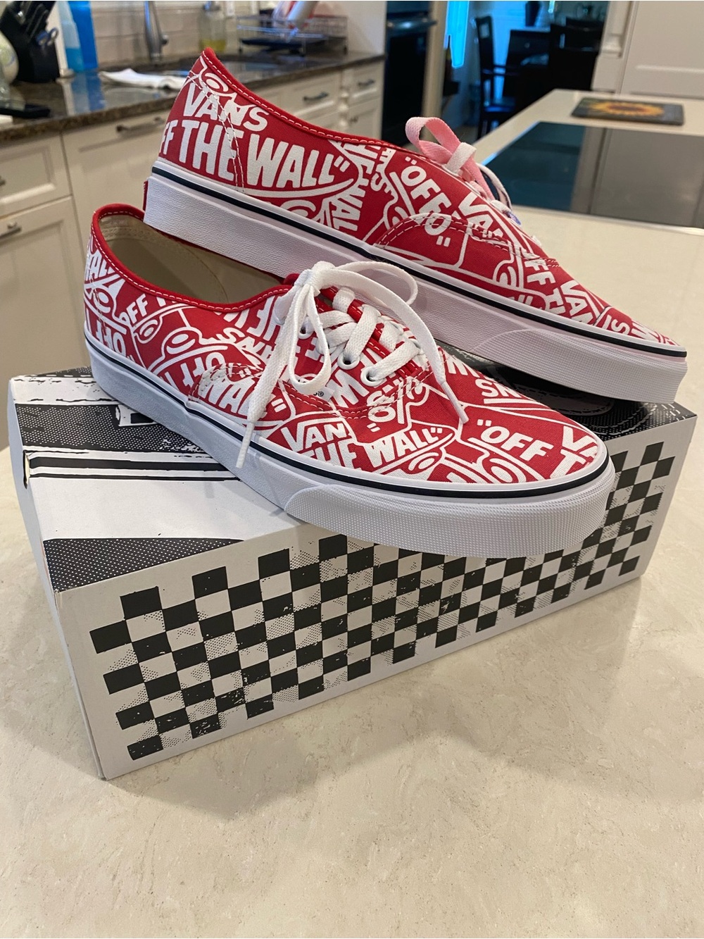 Vans Authentic Low Top Sneakers in Red/White Logo Print